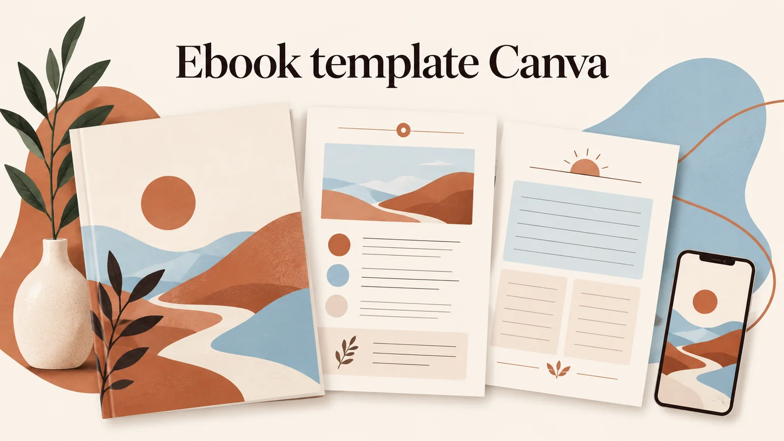 Ebook template Canva guide showing a coach's digital guide, workbook page, and phone preview