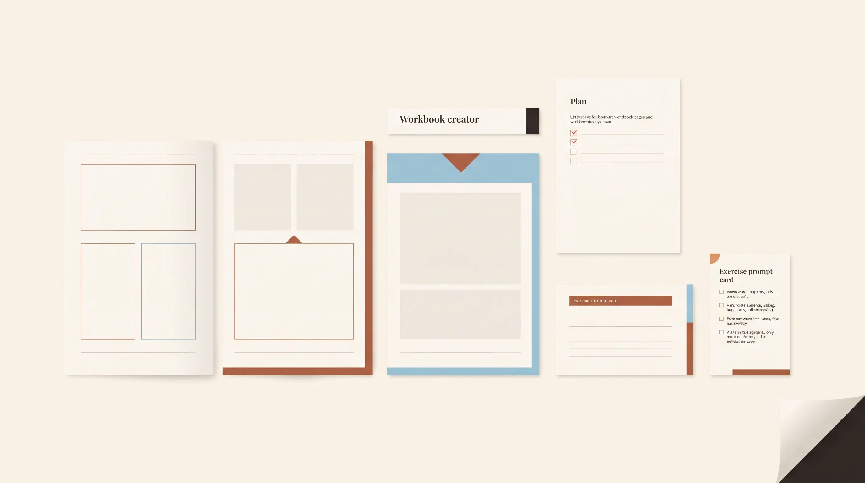 Workbook creator checklist showing a coach's page plan, exercise prompt, and print review