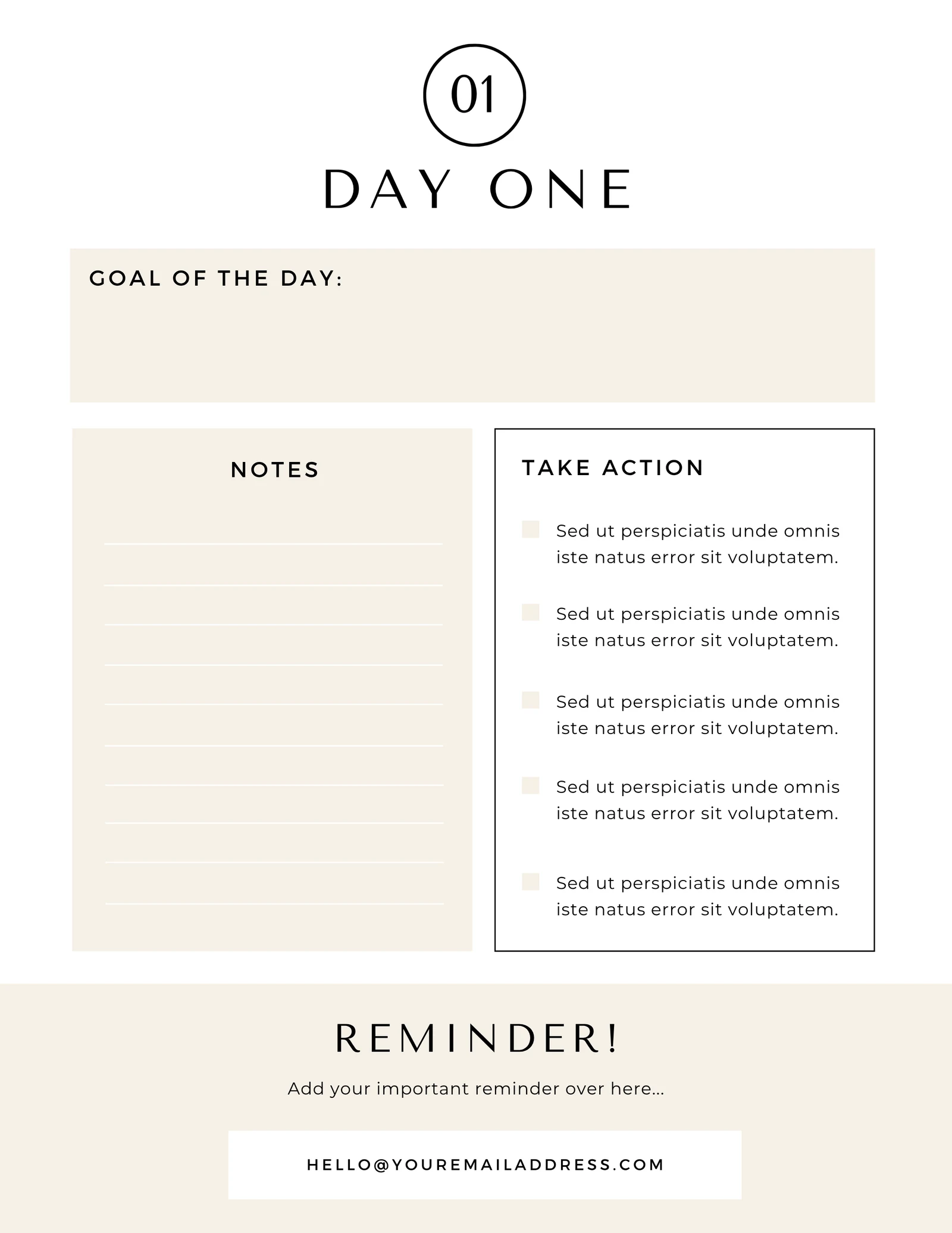 Day One exercise page from the Coaching Workbook template, with a goal area, notes space, action checklist, and reminder area